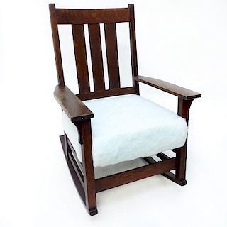 Early to Mid 20th Century L. & J.G. Stickley Style Mission Oak Rocking Chair. Unsigned. Loss to uph