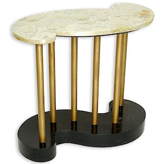 Mid Century Modern Wood and Gilt Metal, Onyx Top Table. Scuffs and scratches to wooden base, rubbin