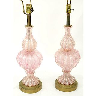 Pair of Mid Century Italian Hand Blown Venetian Murano Art Glass Lamps. Good condition. Base measur