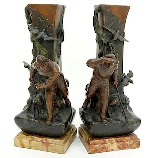 Pair of Art Nouveau Cold Painted Metal Sculptures of Whalers / Fishermen on Marble Bases. Unsigned.