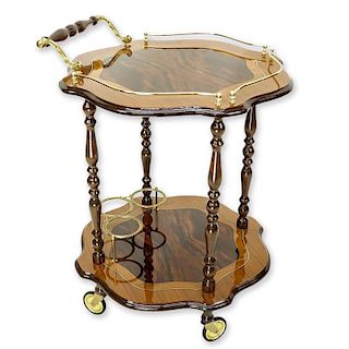 Vintage Italian Burl Lacquer Rolling Cart / Trolley by Sorrento. Two tiers with handle and brass ha