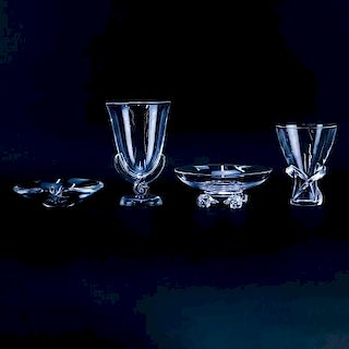 Four (4) Steuben Crystal Tableware. Includes: 2 vases, footed bowl, and dish/ ashtray. Signed. Smal
