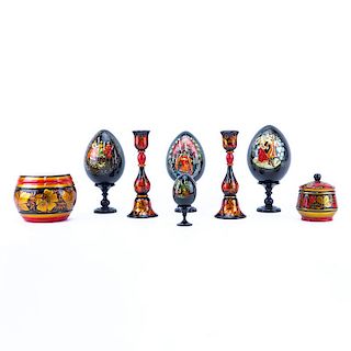 Collection of Eight (8) Russian Handpainted Lacquer Decorative Objects. Includes 3 large eggs on st