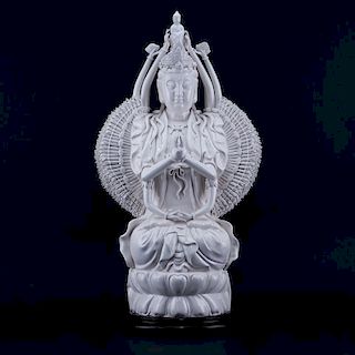 Large Chinese Blanc de Chine Guanyin with a Thousand Arms On Wooden Base. Stamped on obverse side.