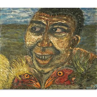Henri Merceron, Haitian (20th century) Oil on Masonite, Portrait of a Male with Roosters, Signed an
