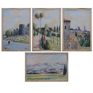 Four (4) S. Rosen, Israeli (20th Century) Miniature Framed Watercolors of  Landscape Scenes. Double