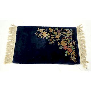 Chinese Nichols Rug, Navy Blue with Flowers. Needs cleaning, wear and stains to fringes. Measures 3