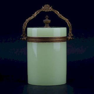 Art Nouveau French Green Opaline Glass and Brass Covered Box. Good condition. Measures 10" H. Shipp