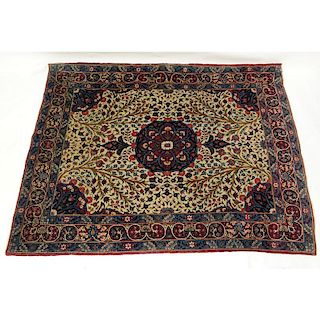 Semi Antique Persian Rug, Floral with Red/ Blue/ and Tan Background. Loss to fringes, stains, wear