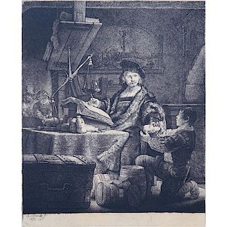 After: Rembrandt, Dutch (1606 - 1669) Etching "The Gold Weigher 1639" Signed in the Plate. Facsimil