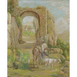 Giacinto Gigante, Italian (1806-1876) Pastel on paper "Pastoral Scene With Roman Ruins". Signed low