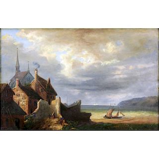 19th Century French School Oil On Canvas "Coastal Village Scene". Unsigned. Minor craquelure or in