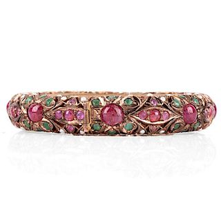 Vintage Ruby, Emerald, Pearl, Silver and Gold-filled Hinged Bangle Bracelet. Unsigned. Missing a sm