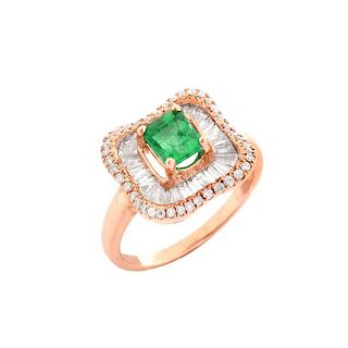 Approx. .75 Carat Colombian Emerald, 1.0 Carat Baguette and Round Brilliant Cut Diamond and 14 Kara