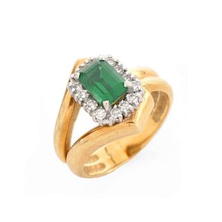 Vintage Emerald, Diamond and 14 Karat Yellow Gold Ring. Emerald measures 7 x 5mm. Stamped 14K. Good