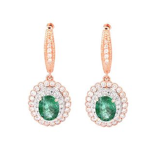Pair of Oval Cut Colombian Emerald, Round Brilliant Cut Diamond and 14 Karat Rose Gold Pendant earr