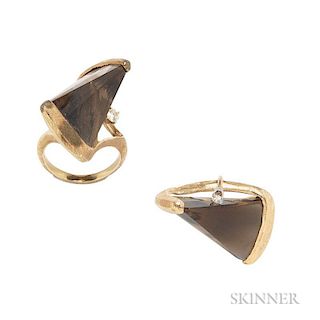 14kt Gold, Smoky Quartz, and Diamond Ring and Brooch