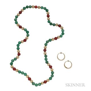 14kt Gold and Diamond Earclips and Gem-set Bead Necklace