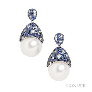 18kt White Gold, South Sea Pearl, Sapphire, and Diamond Earrings