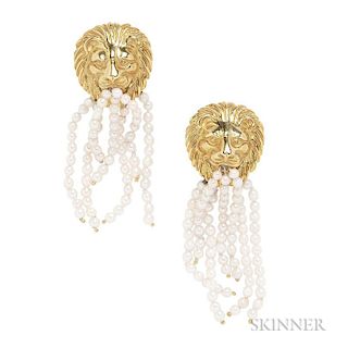 18kt Gold Lion's Head and Cultured Pearl Tassel Earrings