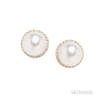 18kt Rose Gold, South Sea Pearl, and Diamond Earrings