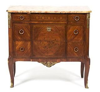 A Transitional Louis XV/XVI Marquetry-Inlaid Tulipwood and Marble-Top Commode Height 34 x width 36 1/2 x 19 inches.