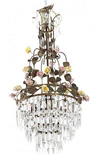 A Cut Glass, Ceramic and Tole Chandelier Height 30 x diameter 15 inches.