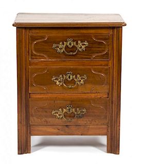 A French Provincial Three-Drawer Nightstand Height 33 x width 26 1/2 x depth 16 inches.