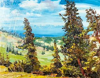 O. Conrad Schwiering, (American, b.1930), View Across Valley from High Point with study of two horses near barn verso