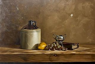 William Acheff, (American, b. 1947), Still Life with Grapes, Lemon, Jug and Book