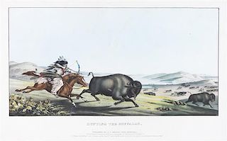Peter Rindisbacher, (American, 1806-1934), lithograph with handcoloring,"Hunting the Buffaloe" fromHistory of the Indian Trib