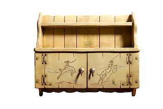 Western Wall Mounted Painted Yellow Cabinet, Western Frontier Furniture by Paul Hathaway Height 27 x width 31 1/2 x depth 8 1