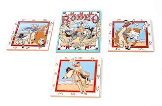 Group of Four Ceramic Rodeo Cowboy Tiles Largest 8 x 6 inches