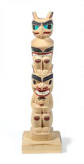 Polychrome Carved Wood Model Totem Height 18 1/2 x width 3 1/2 inches