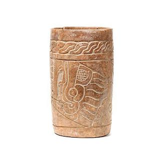 Maya Carved Cylinder Vessel Height 9 1/2 x diameter 5 1/2 inches