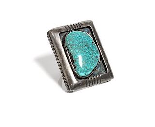 Kewa Silver and Turquoise Ring, Julian Lovato (b. 1922) Height 1 3/4 x width 1 1/2 inches