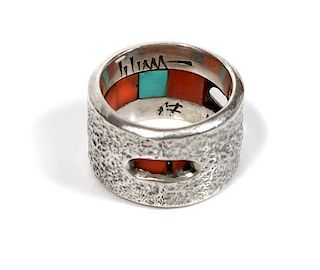 Hopi Silver and Multi-Stone Inlay Ring, Charles Loloma (1921-1991)