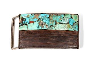 Hopi Silver, Turquoise and Ironwood Belt Buckle, Charles Loloma (1921-1991) Height 1 5/8 x width 2 7/8 inches