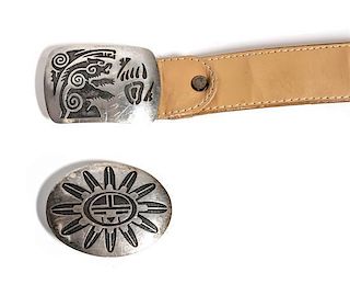 Two Hopi Style Silver Overlay Belt Buckles Height of larger 2 1/4 inches