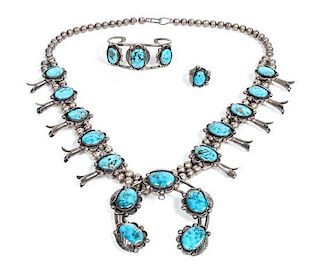 Navajo Silver and Turquoise Jewelry Demi Parure Length of necklace 26 inches