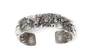 Navajo Silver Cuff Bracelet, Ben Begaye Length 5 7/8 x opening 7/8 x width 3/4 inches