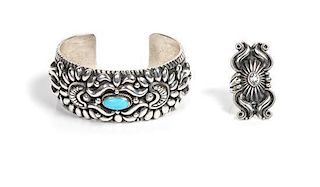 Navajo Silver and Turquoise Cuff Bracelet, Darryl Becenti (b. 1957) Length of bracelet 5 3/4 x opening 1 1/8 x width 1 1/8 in