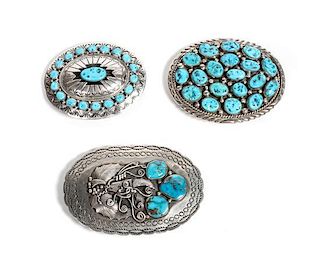 Navajo Silver and Turquoise Belt Buckle, Wilbur Musket Height of first 2 1/2 x width 3 inches