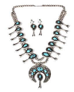 Silver and Turquoise Squash Blossom Necklace and Earrings Length 28 inches