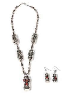 Navajo Silver and Coral Necklace and Earring Set Length of necklace 24 inches