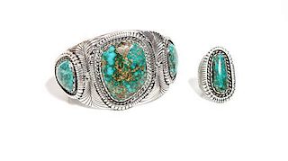 Navajo Silver and Turquoise Cuff Bracelet and Ring, Lee Yazzie (b. 1946) Length 5 x opening 1 1/8 x width 1 3/4 inches