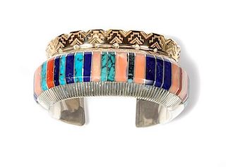 Navajo 14 Karat Gold, Silver and Multi-Stone Bracelet, Gibson Nez Length 6 1/2 x opening 1 1/8 x width 1 1/2 inches