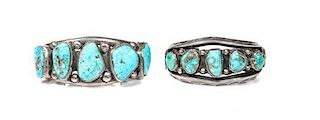 Two Navajo Silver and Turquoise Bracelets Length of one 6 x opening 1 1/8 x width 1 3/8 inches