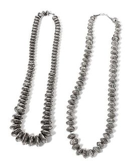Two Southwestern Silver Bead Necklaces Length of longest 26 inches