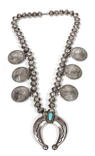 Southwestern Silver, Liberty Coin and Turquoise Squash Blossom Necklace Length 26 inches